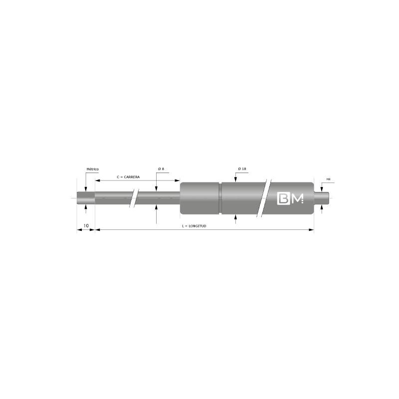 Muelle de gas de acero inoxidable 8-18 (L245 - C100 - 300N)