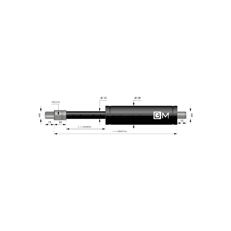 Muelle de gas de tracción 10-28 (L700 - C300 - 600N)